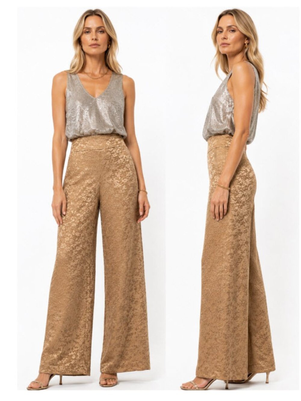 Donna Karan Floral Lace Wide-Leg Silk Pants Tan High Waist Size 10